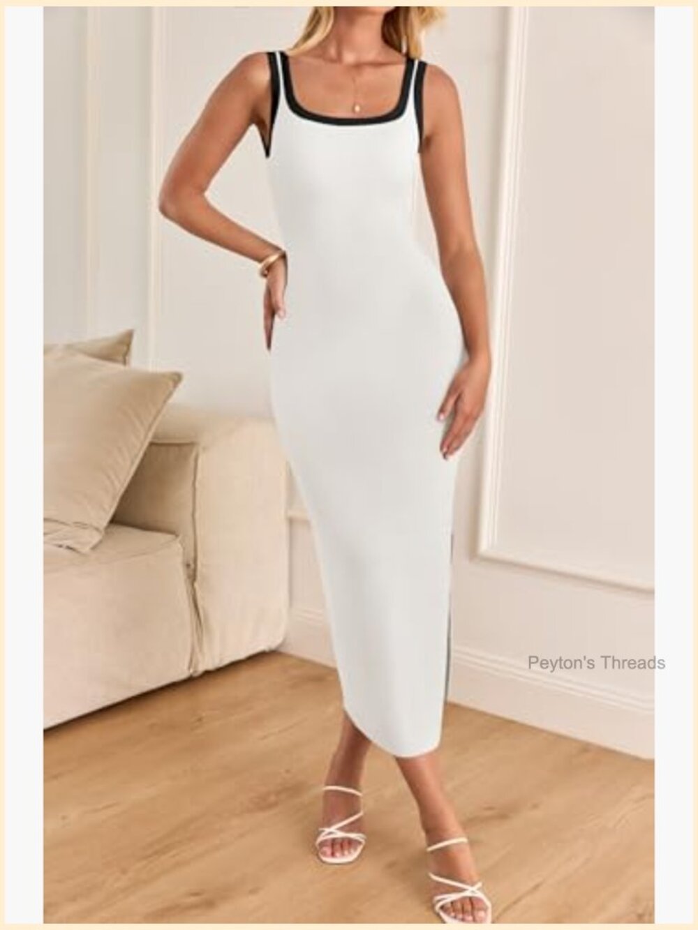 Sleeveless Square Neck Side Slit Knit Bodycon Midi Dress Summer Vacation Beach - Picture 5 of 7